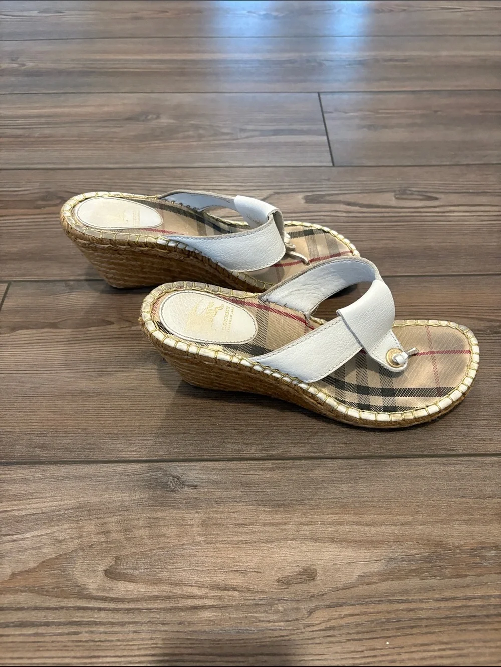 Burberry White Leather Plaid-Insole Espadrille Wedge Sandal